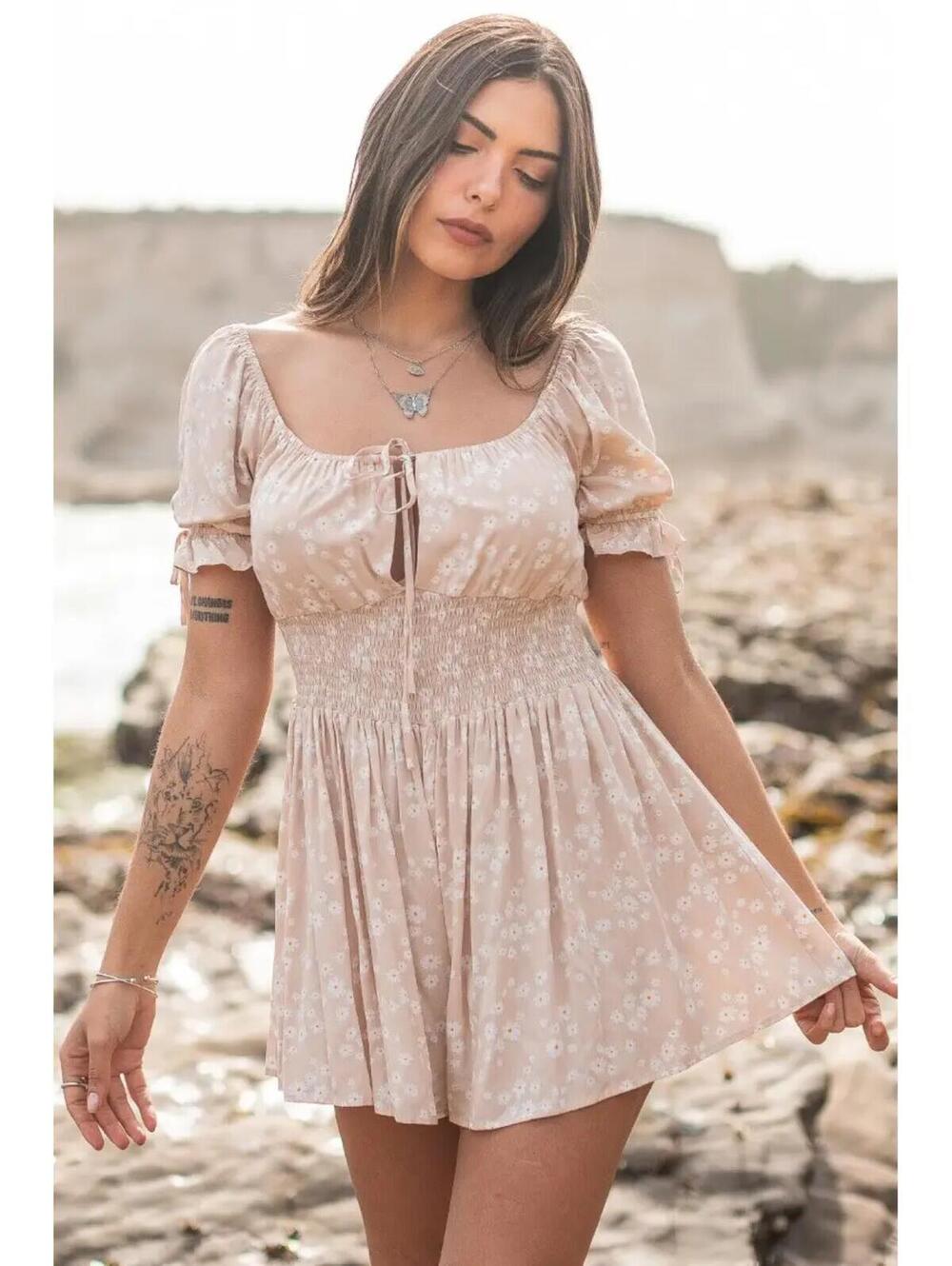 Verte Floral Print Smocked Waist Puff Sleeve Tie-Front Romper